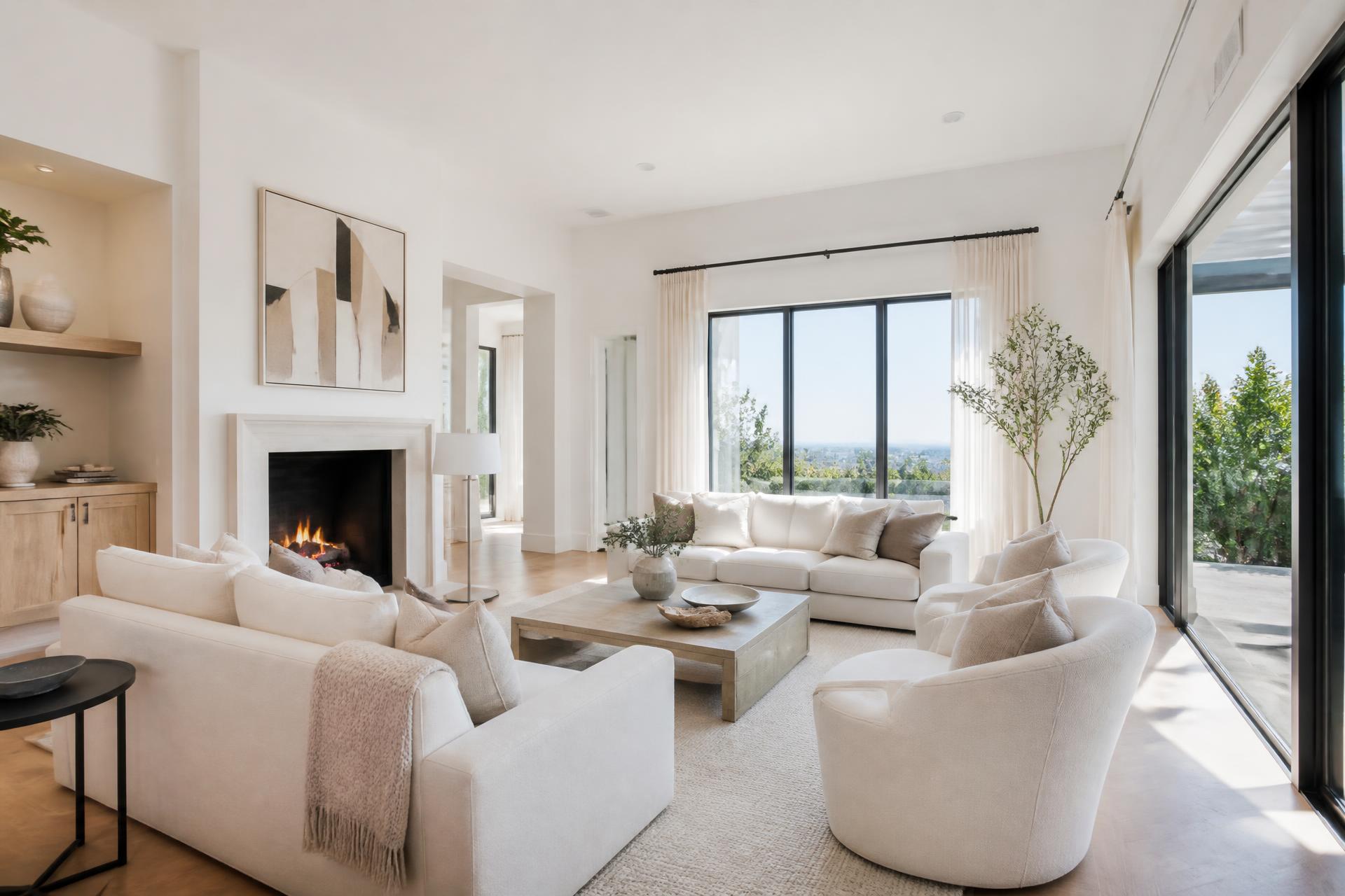 Bright, spotless modern living room with natural light